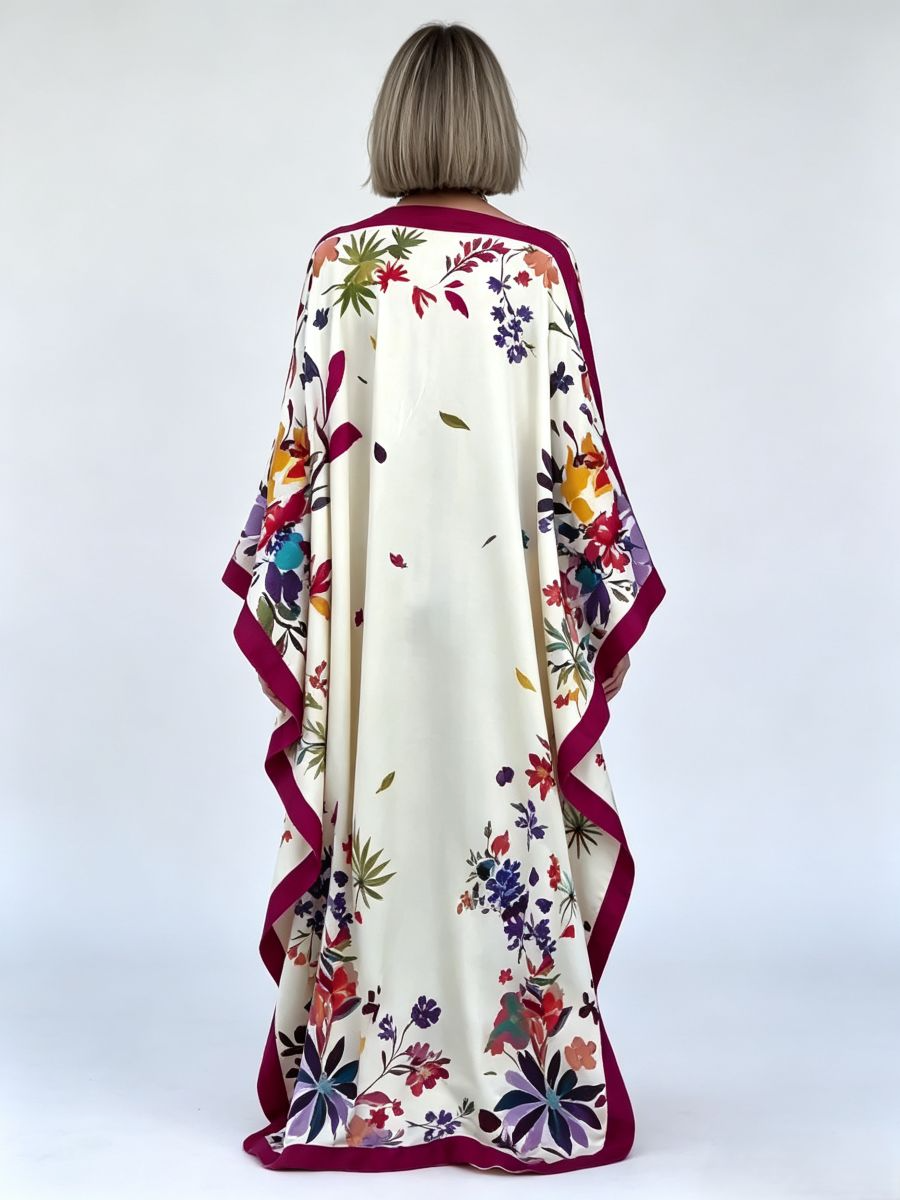 Cream Floral Burgundy Trim Satin Maxi Kaftan