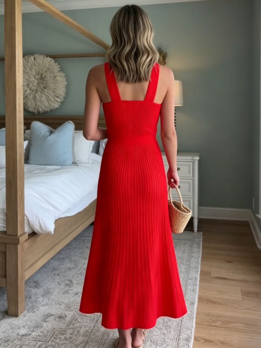 Elegant Red Halter Pleated Midi Event Dress