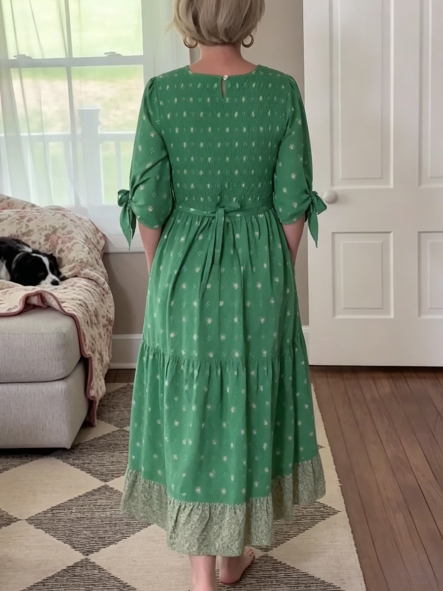 Round Neck 3/4 Sleeve Bow Cuff Floral Hem Midi Dress