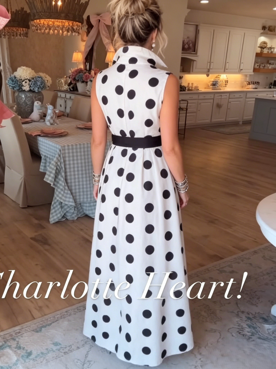 White Black Polka Dot Belted Maxi Shirt Dress