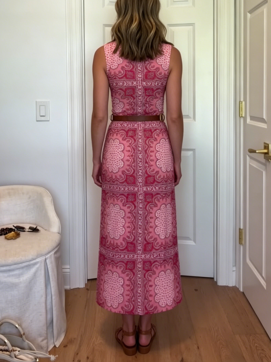 Retro Pink Paisley Print Sleeveless Midi Dress