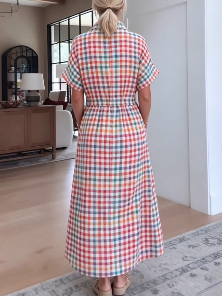 Plaid Check Waist Tie Side Slit Shirt Maxi Dress