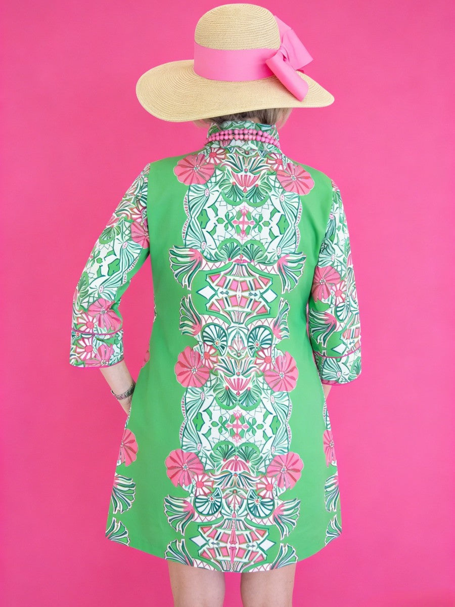 Green Pink Floral Print Tunic Dress | Resort Wear With Mandarin Collar & 3/4 Sleeves