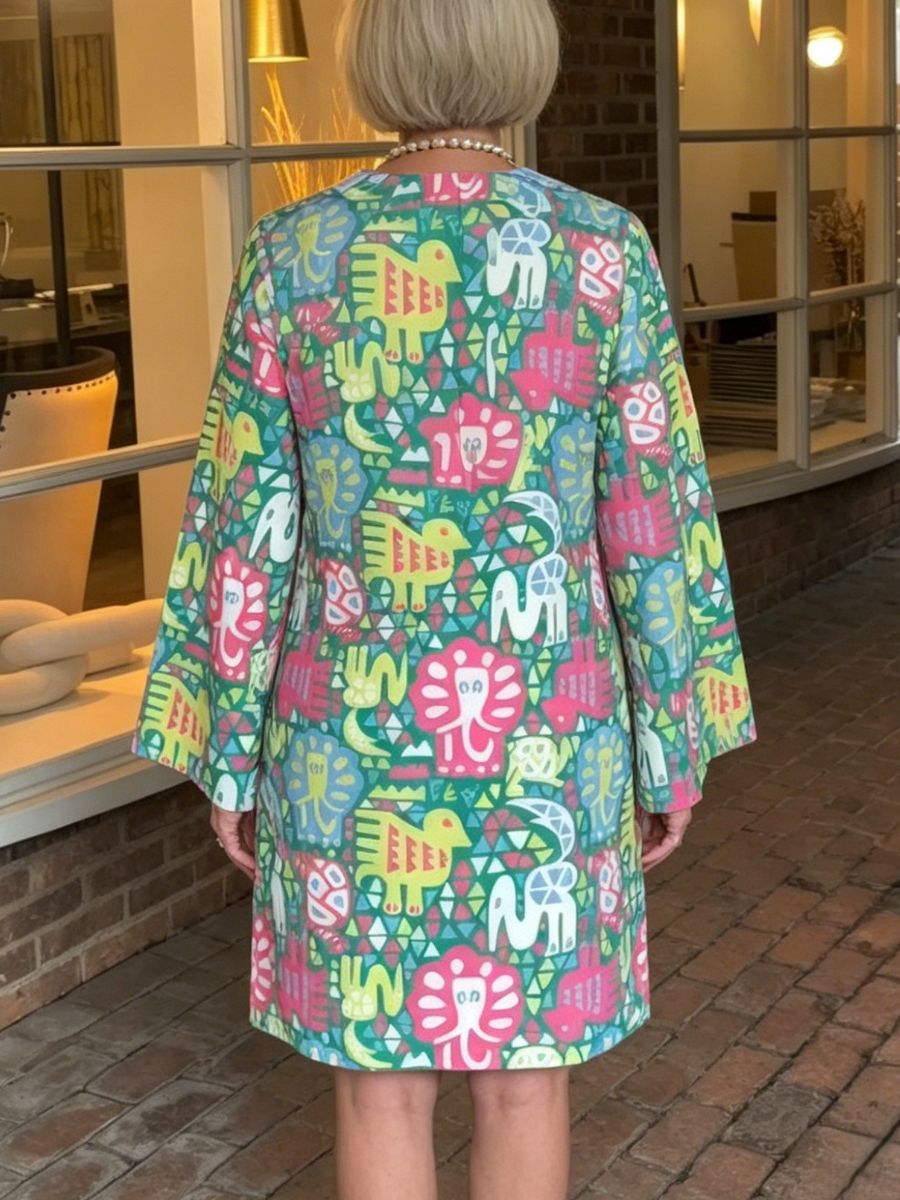 Boho Tribal Elephant Lion Print Tunic Mini Dress