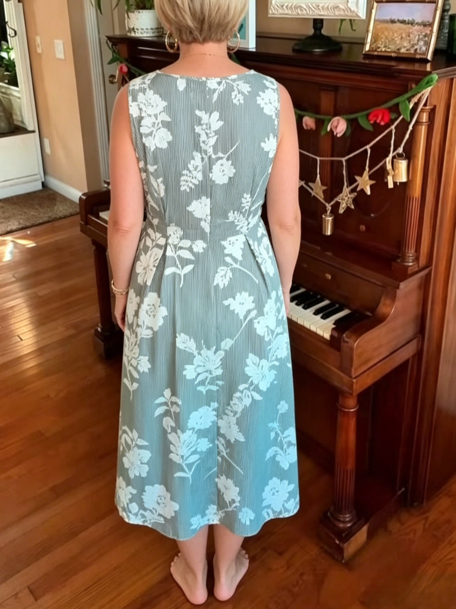 Vintage-Inspired Blue Floral Sleeveless Midi Dress
