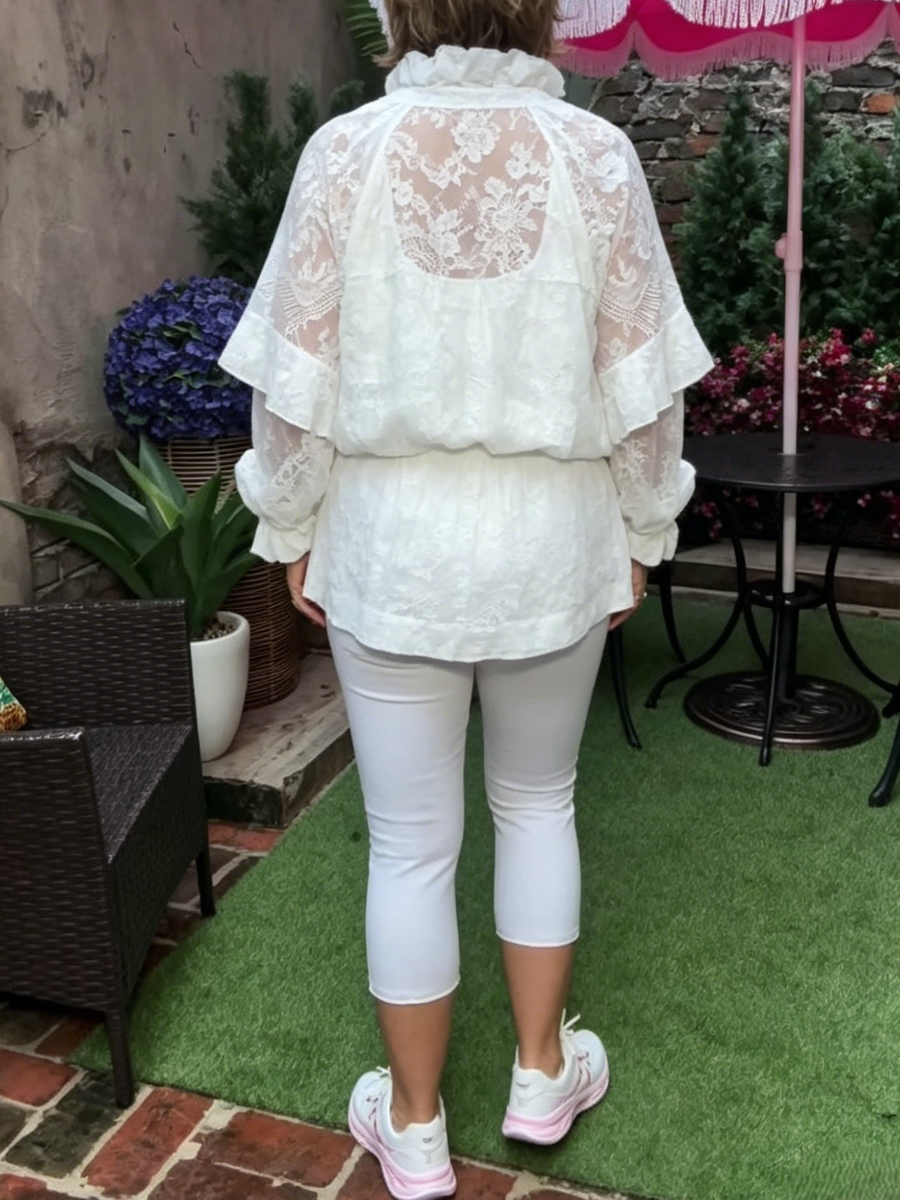 Boho Clear Lace Ruffle Shirt Cropped Pants Co Ord Set