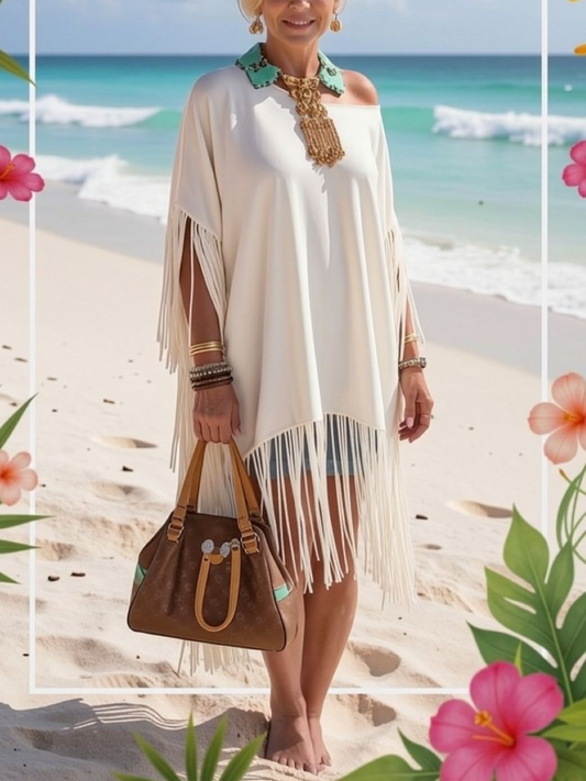White Fringe Off Shoulder Poncho Top