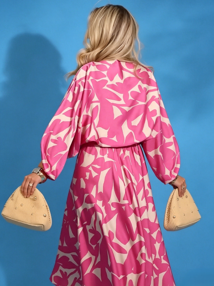 Pink White Botanical Print Puff Sleeve Satin Matching Co Ord Set
