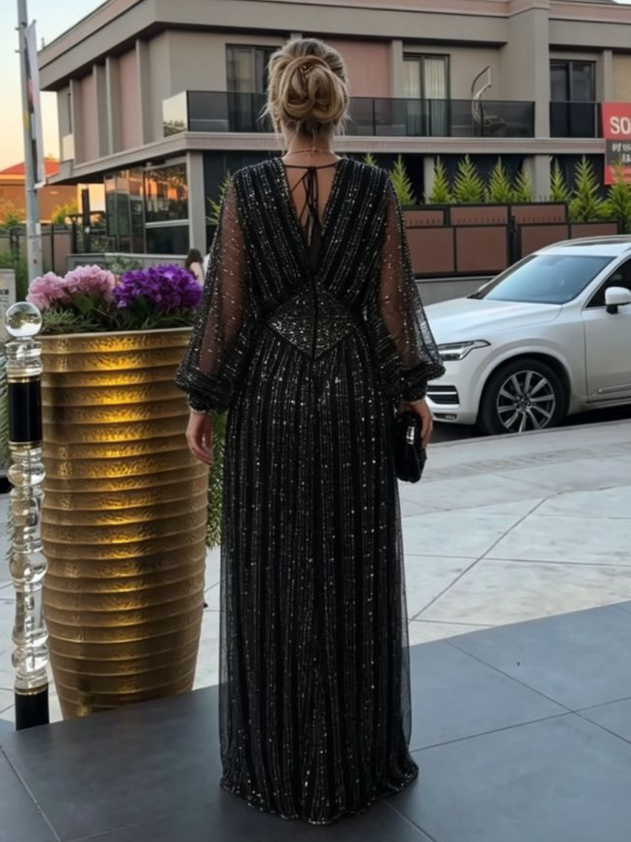 Black Sparkle Mesh Puff Sleeve Evening Maxi Dress