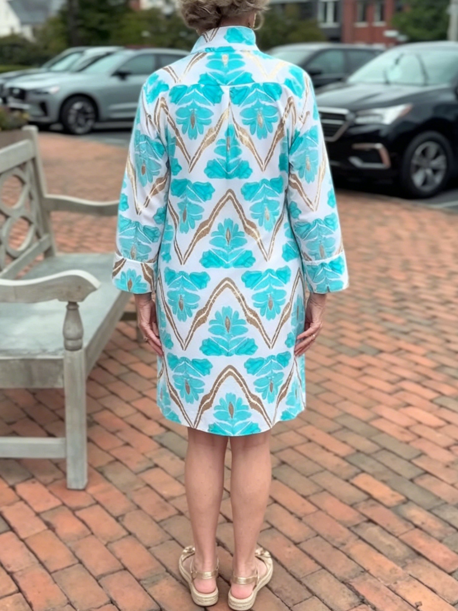 Vibrant Turquoise Print High Neck Shift Dress