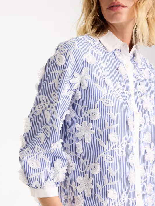 Blue White Stripe Floral Embroidered Button Down Shirt