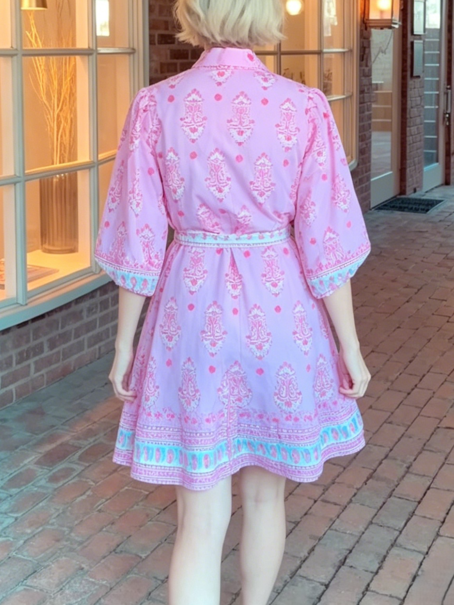 Boho Border Print Tie Waist Short Sleeve Shirt Mini Dress
