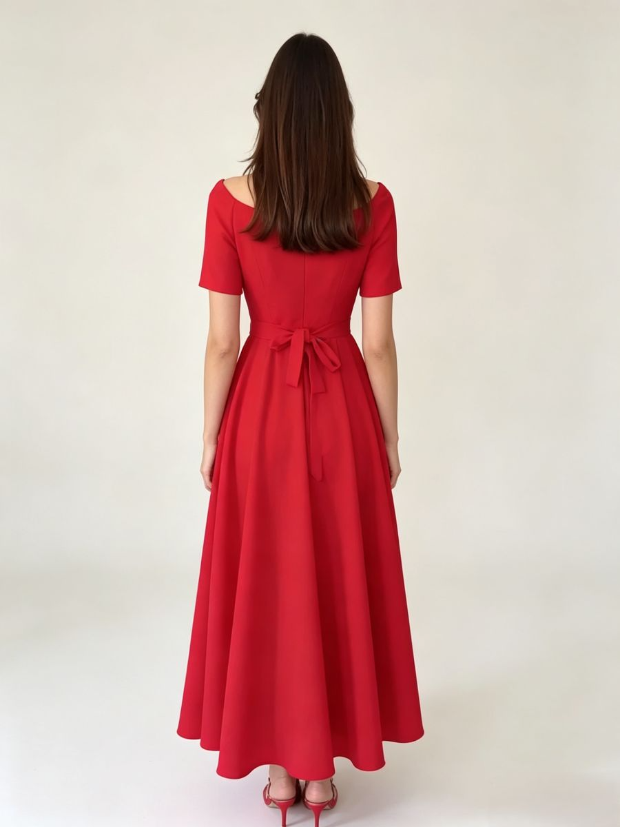 Red Off Shoulder Belted Midi Party Dress