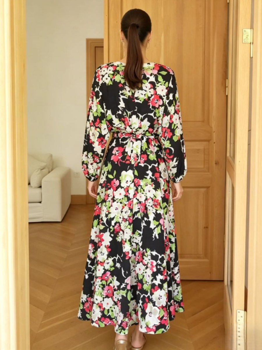 Puff Sleeve Colorful Floral Satin Midi Dress