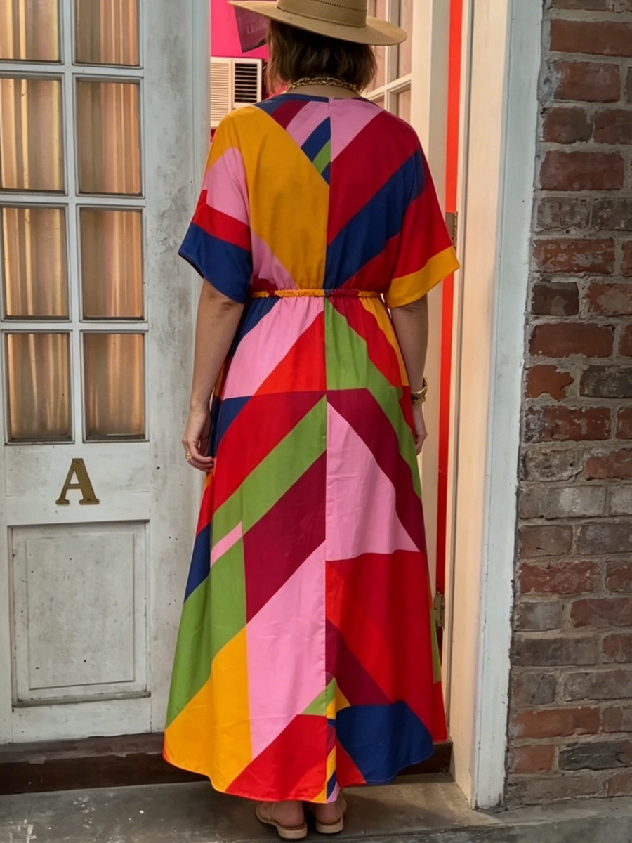 Bright Color Block Abstract Print Loose Fit Maxi Dress