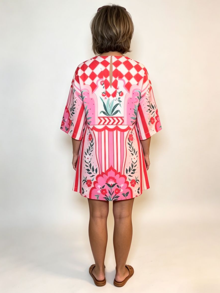 Pink Red Mixed Print V Neck Loose Mini Dress