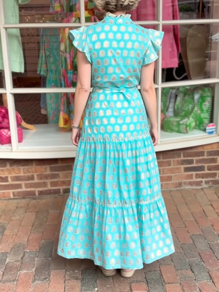 Bright Turquoise Gold Print Tiered Maxi Dress