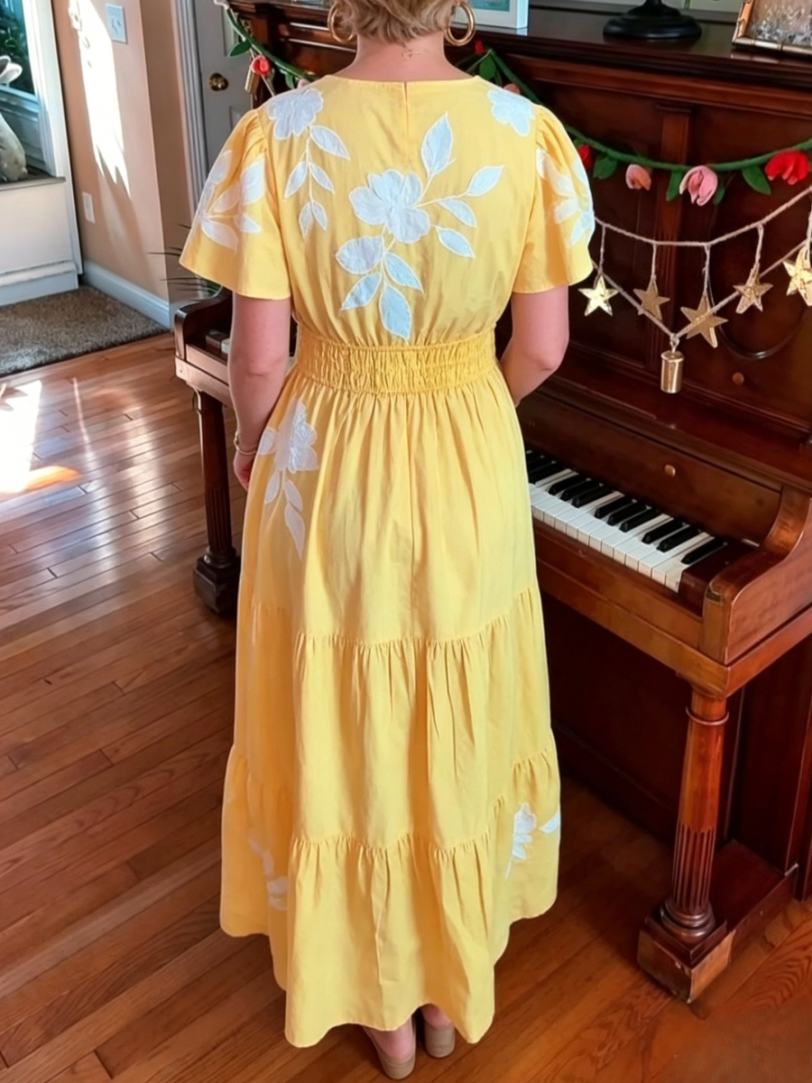 Bohemian Yellow Floral Embroidered Maxi Dress
