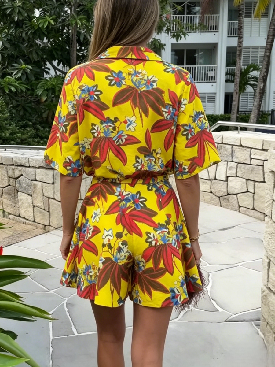 Tropical Print Puff Sleeve Crop Top Flared Short Set