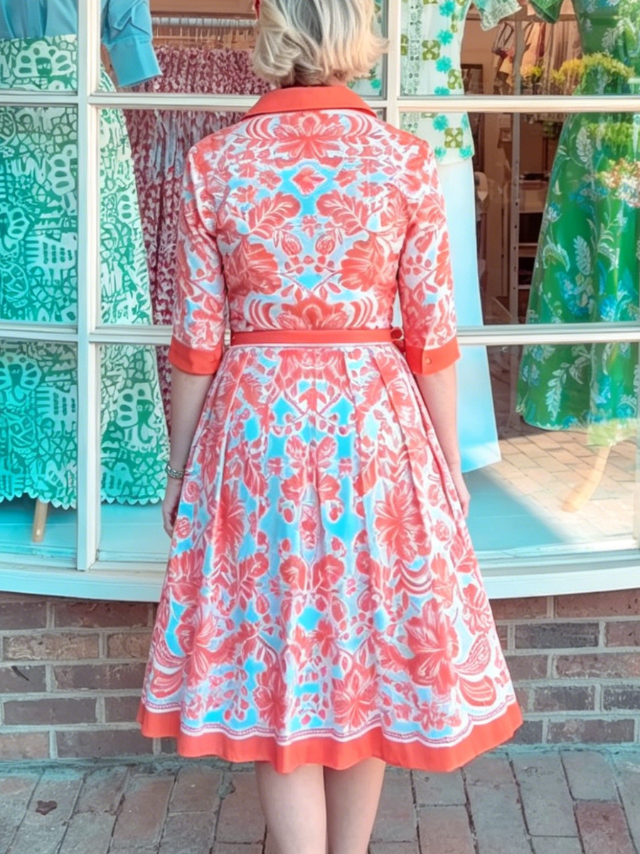 Vintage Tropical Print Waist Tie Flare Hem Shirt Dress