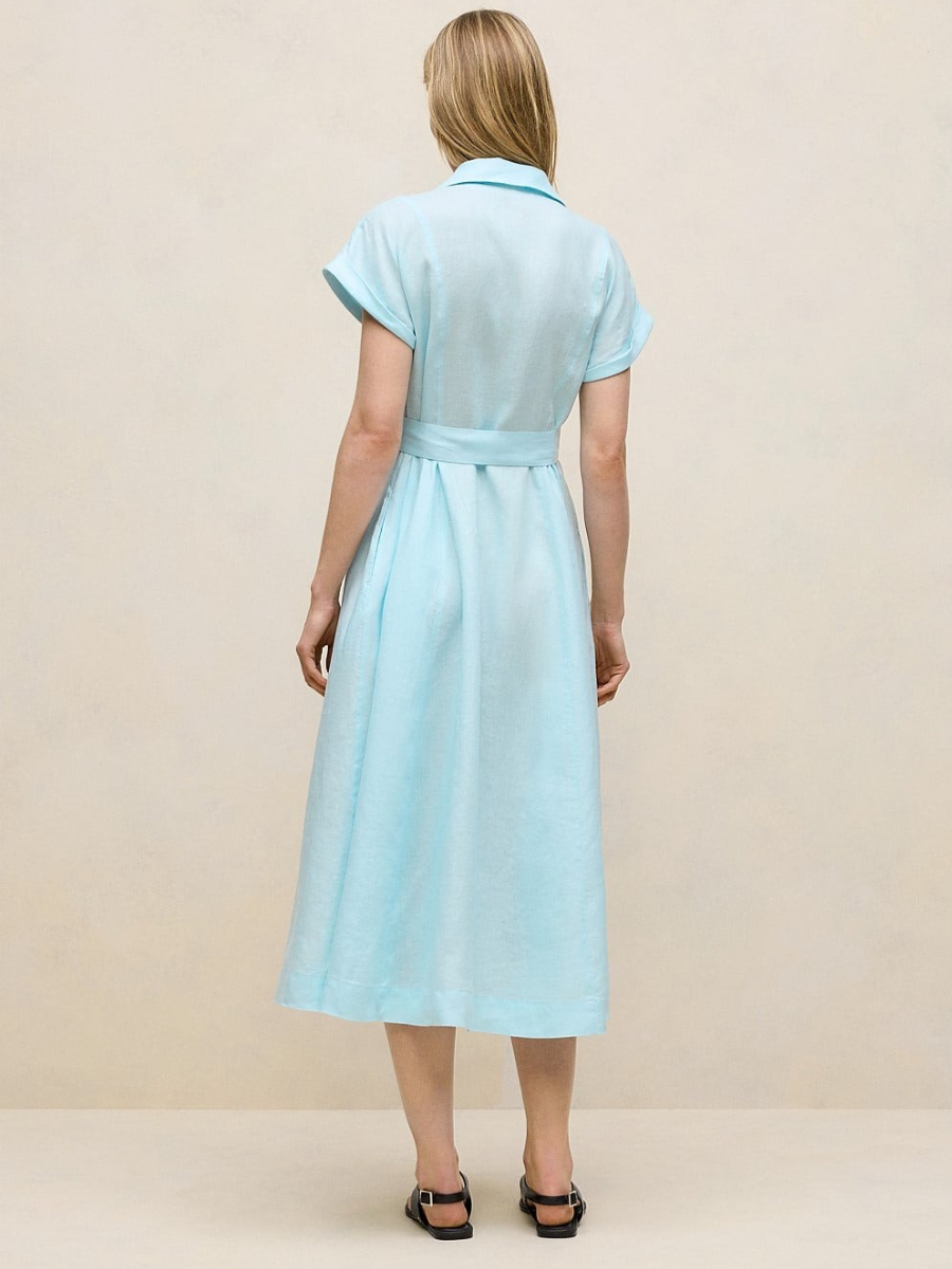Sky Blue Linen Belted Shirt Dress