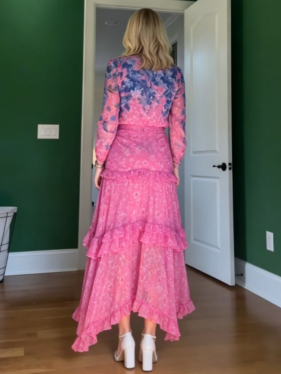 Pink Floral Tiered Ruffle Chiffon Maxi Dress