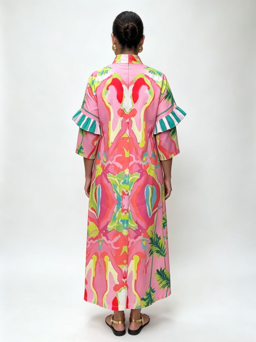 Pink Abstract Tropical Print Stand Collar Ruffle Cuff Loose Maxi Kaftan Dress