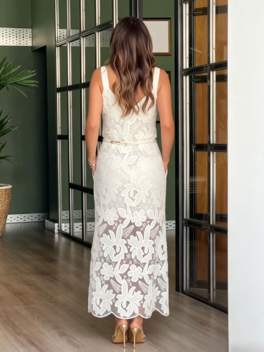 White Floral Lace Belted Midi Dress