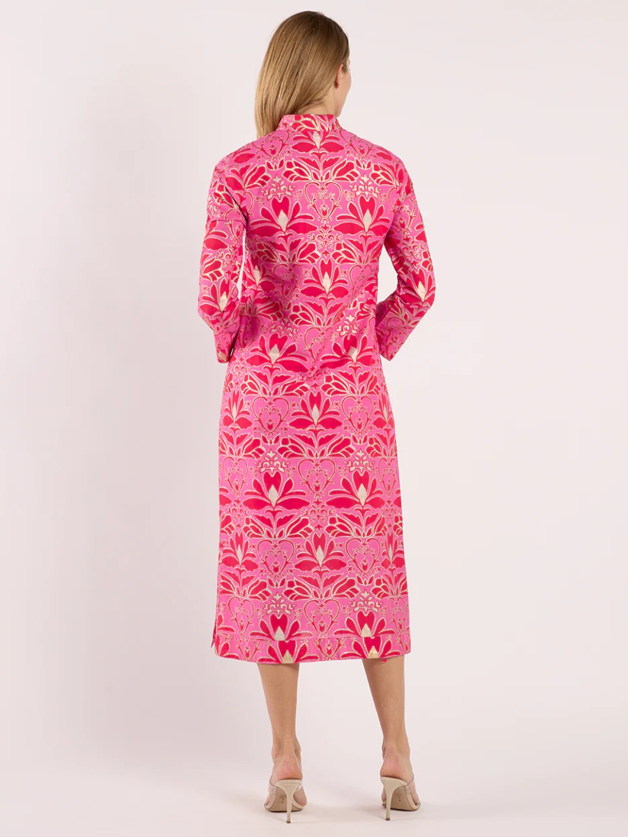 Stand Collar V-Neck Gold Foil Print Dress