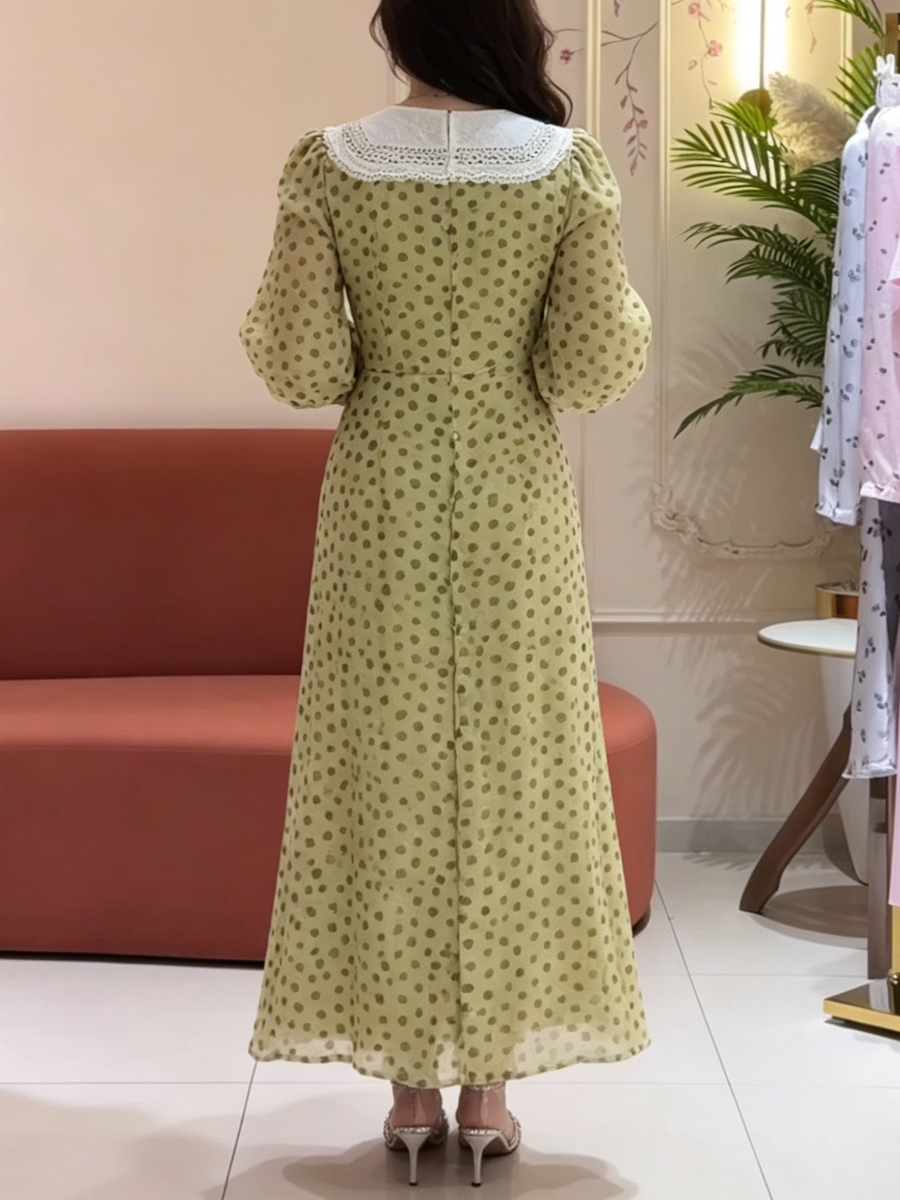 Vintage Green Polka Dot Dress With Lace Trim