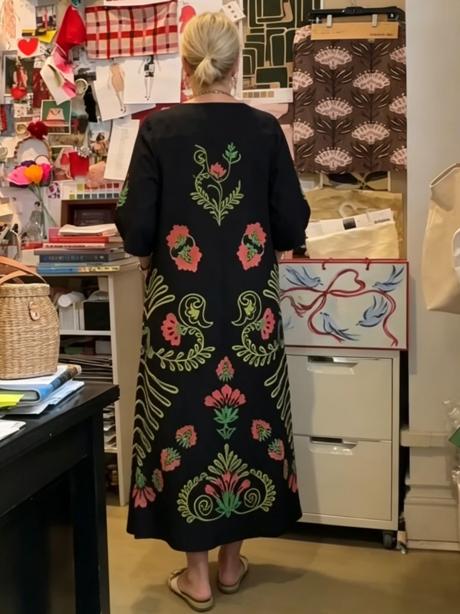 Vibrant Floral Embroidered Black Maxi Dress