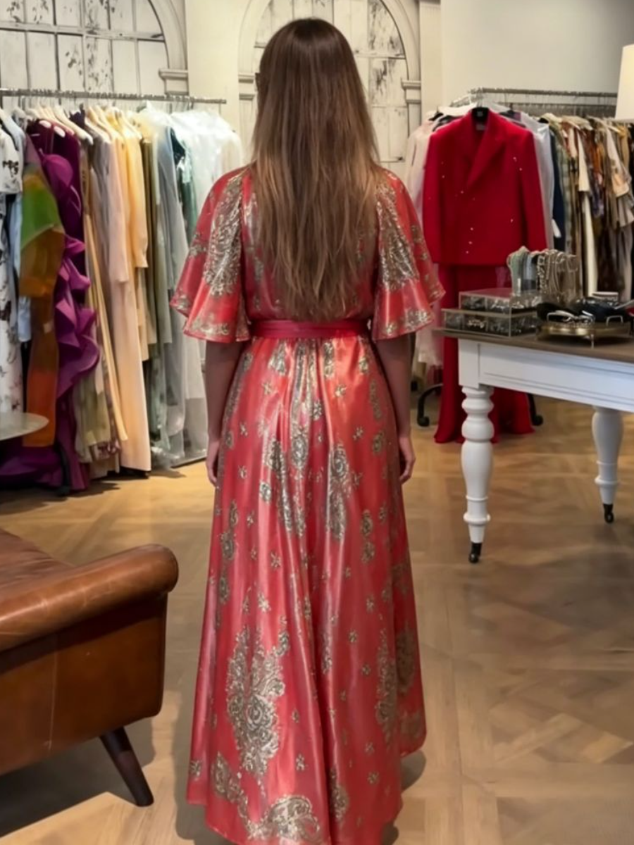 Red Metallic Paisley Print Maxi Dress