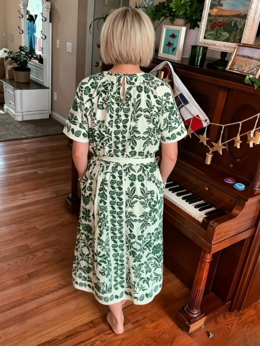 Green Botanical Print Tie Waist Midi Dress