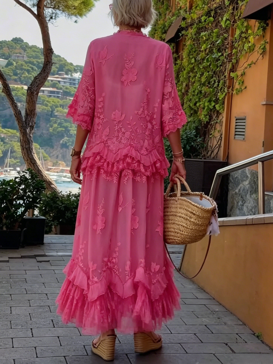 Boho Chiffon Lace Applique Ruffle Tiered Co Ord Set