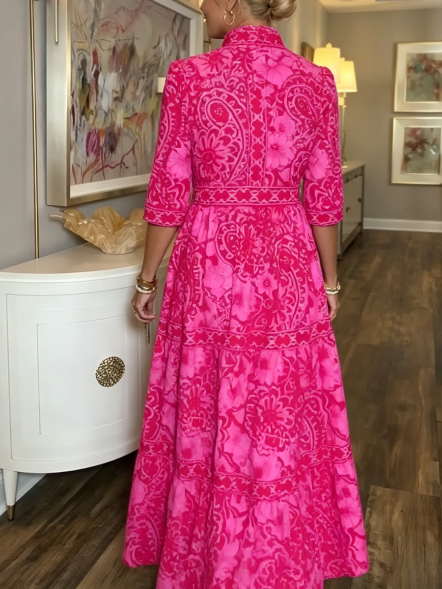 Bright Pink Printed Waistband Tiered Collared Long Dress