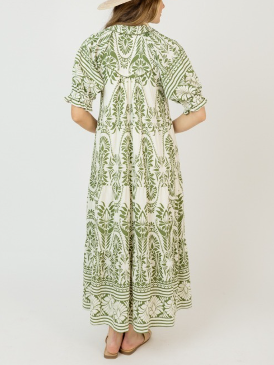 Green Boho Print Tiered Maxi Dress