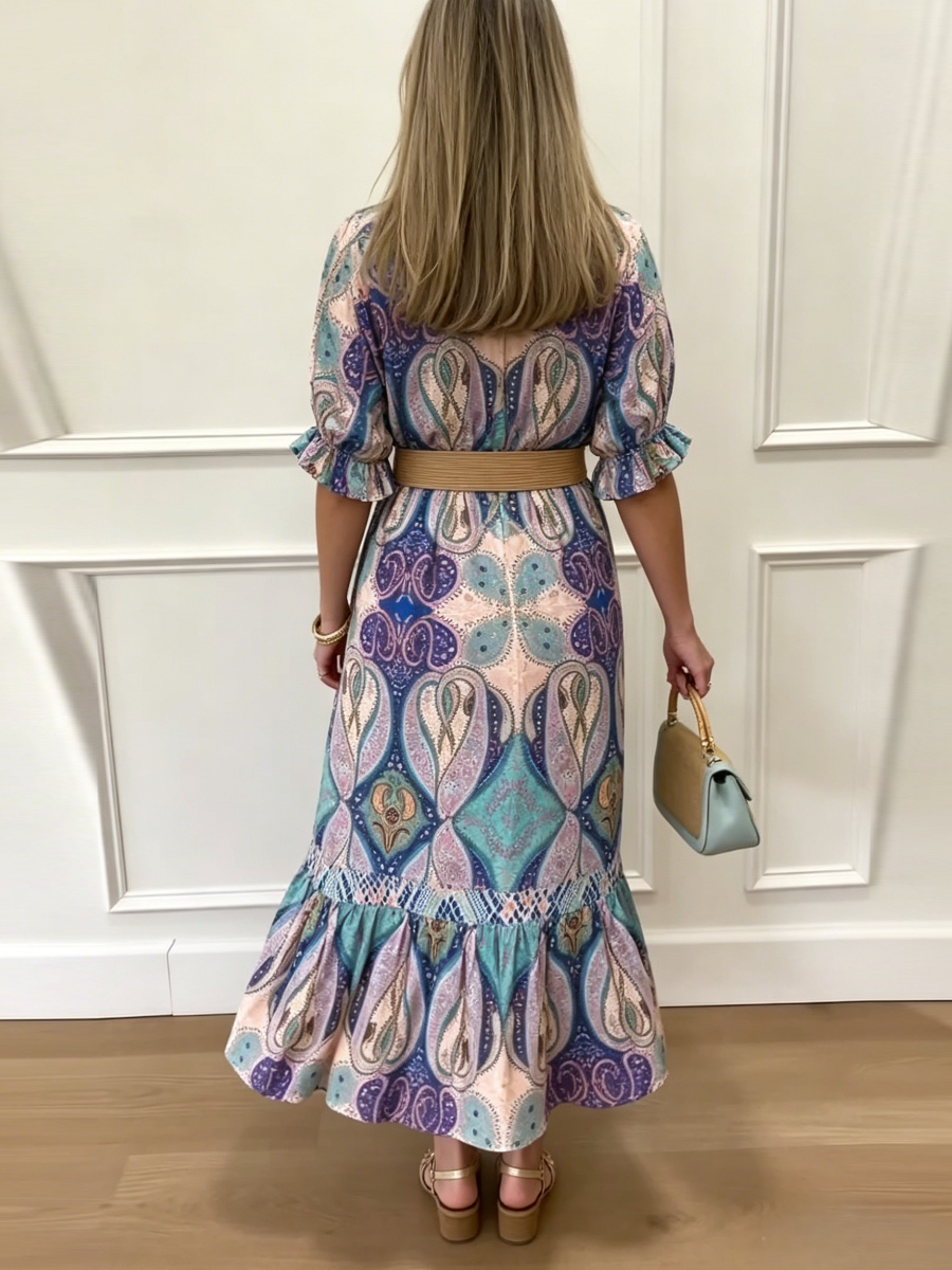 Vibrant Paisley Waist Belted Midi Dress