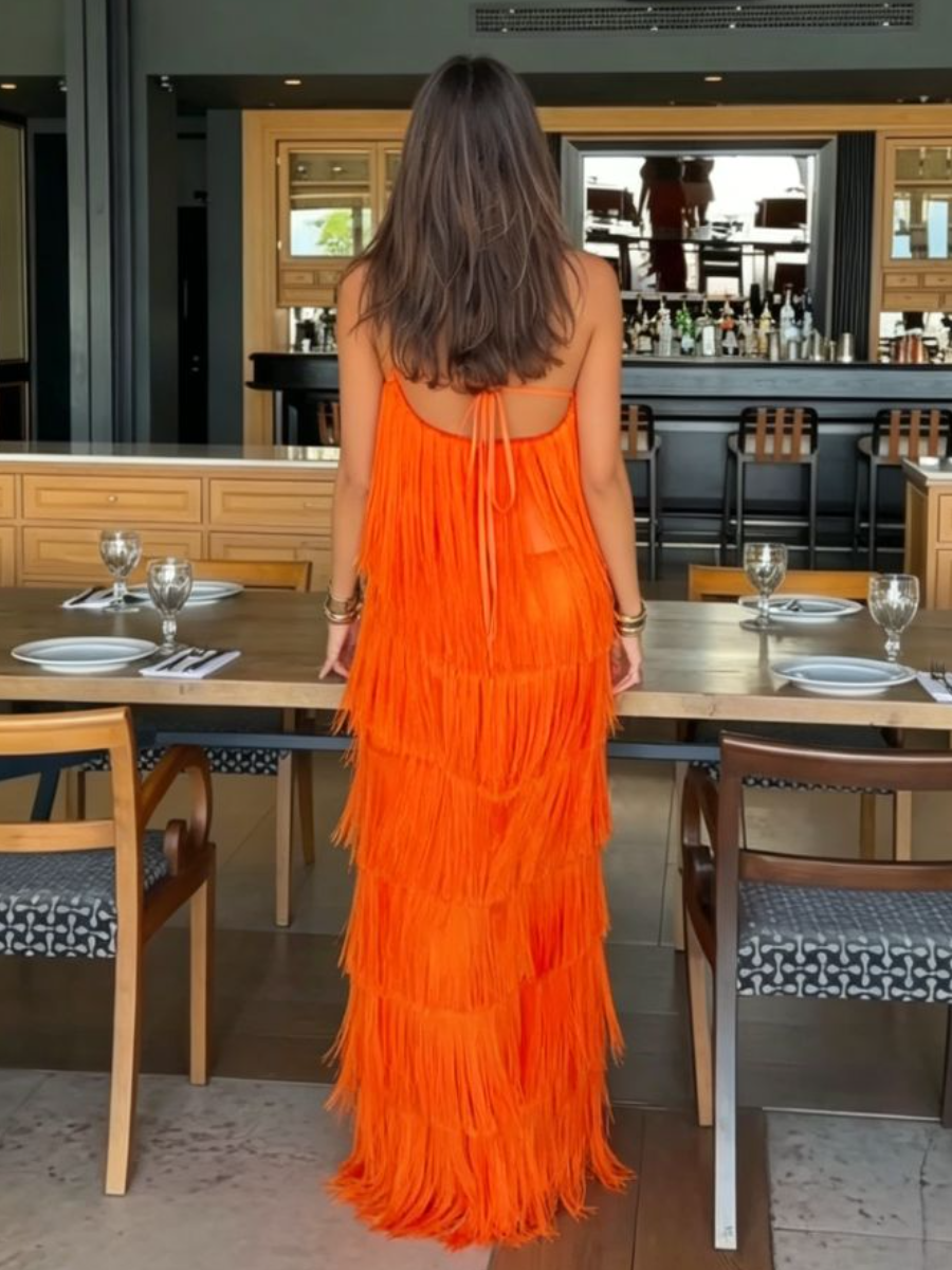 Orange Tiered Fringe Satin Maxi Dress