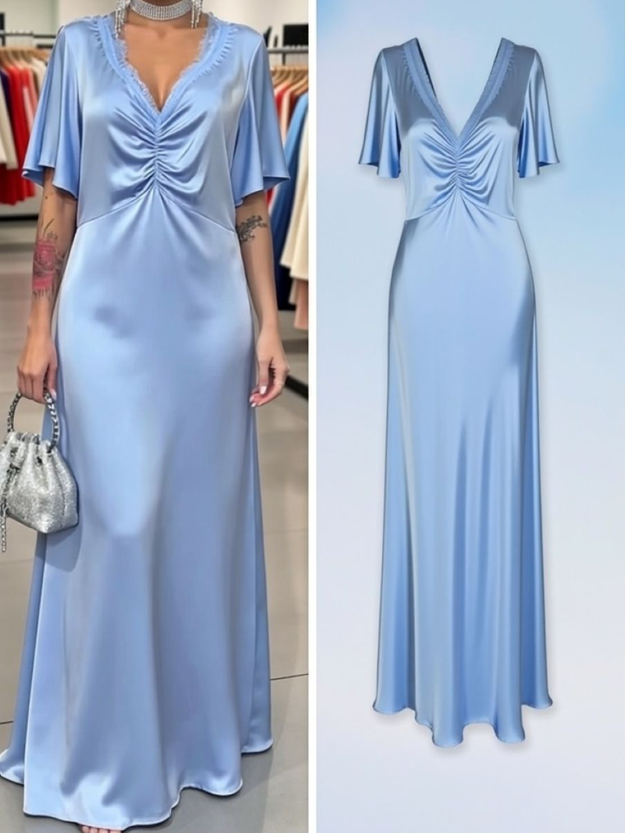 Light Blue Lace Trim Satin Maxi Dress