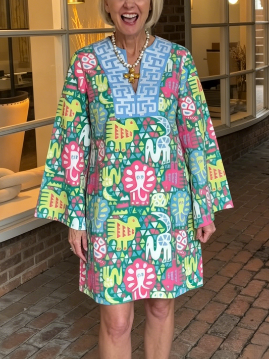 Boho Tribal Elephant Lion Print Tunic Mini Dress