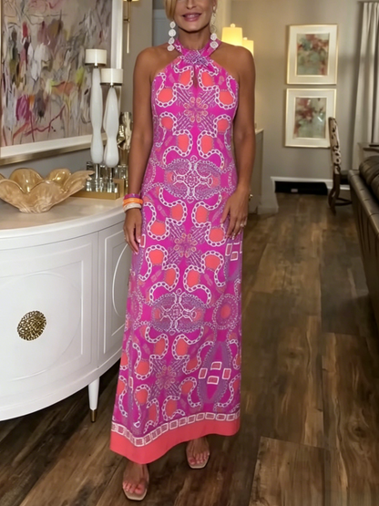Sleeveless Chain Print Keyhole Maxi Dress