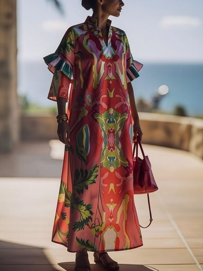 Pink Abstract Tropical Print Stand Collar Ruffle Cuff Loose Maxi Kaftan Dress