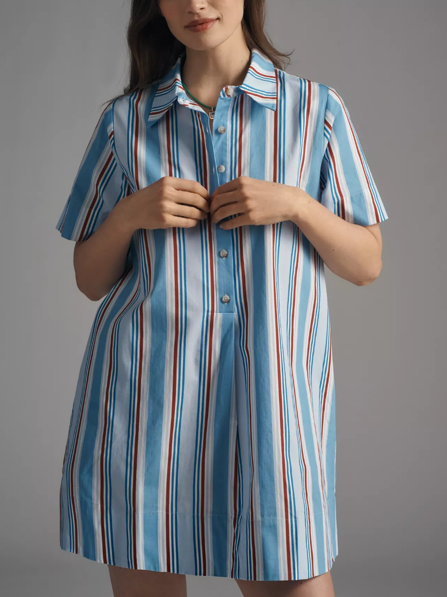 Blue Red Stripe Short Sleeve Shirt Dress