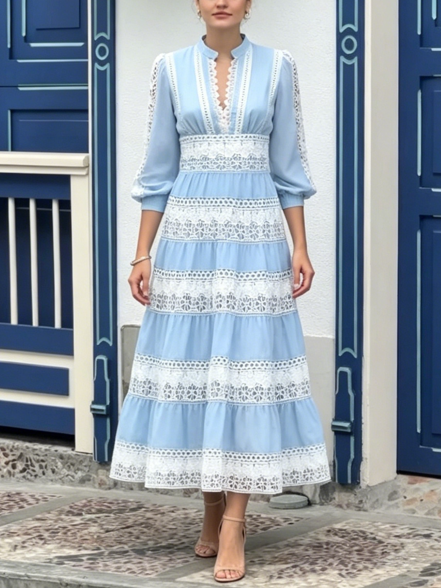 Boho Hollow Lace Trim High Waist Tiered Long Dress
