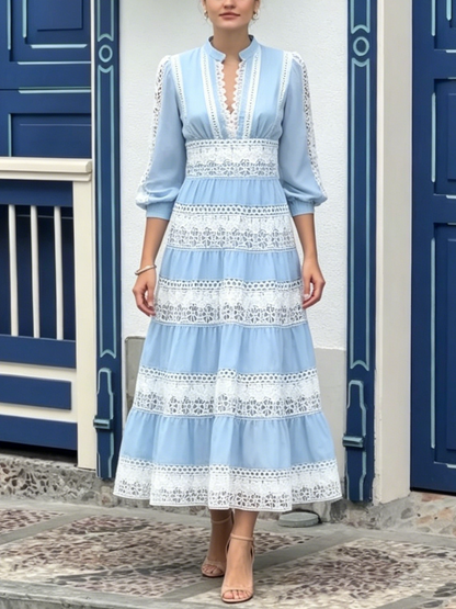 Boho Hollow Lace Trim High Waist Tiered Long Dress