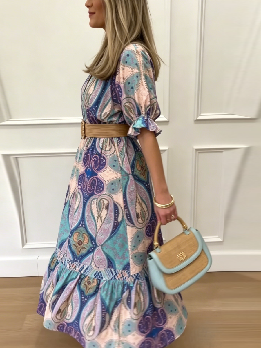 Vibrant Paisley Waist Belted Midi Dress