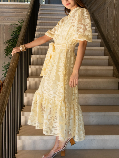 Lace Short Puff Sleeve Midi Dress - Yellow
