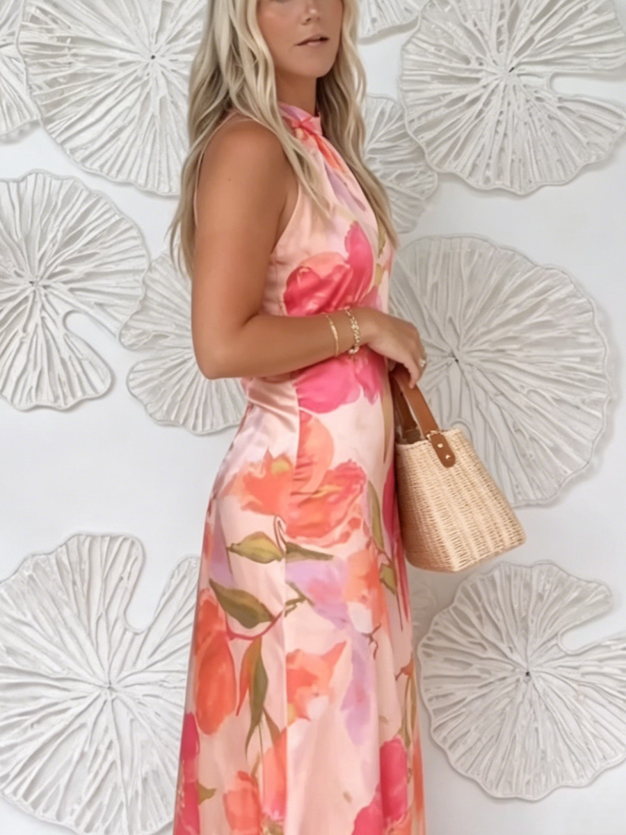 Tie Halter Tropical Flower Print Satin Long Dress