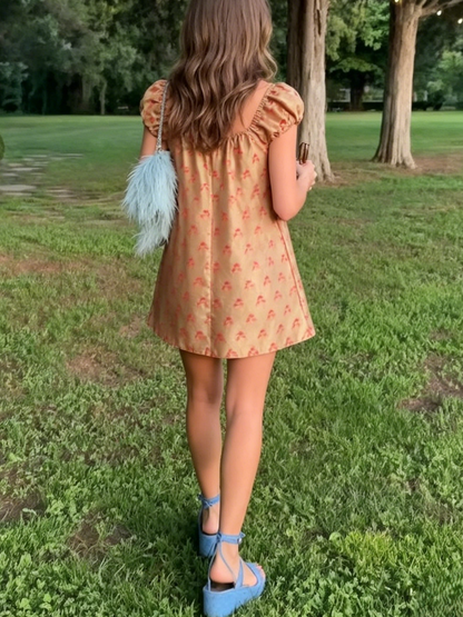 Small Bow Pattern Square Neck Puff Sleeve Satin Mini Dress