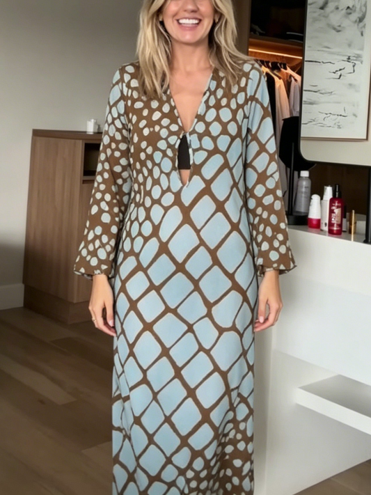 Geometric Spot Print Keyhole Front Long Sleeve Midi Dress